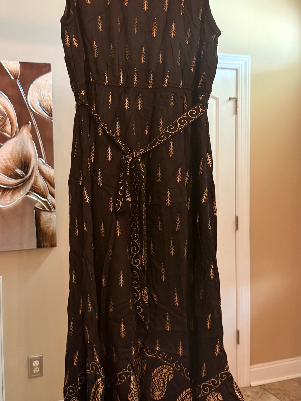 Black Maxi Dress with Gold Leaf Accent and Decorative Tie